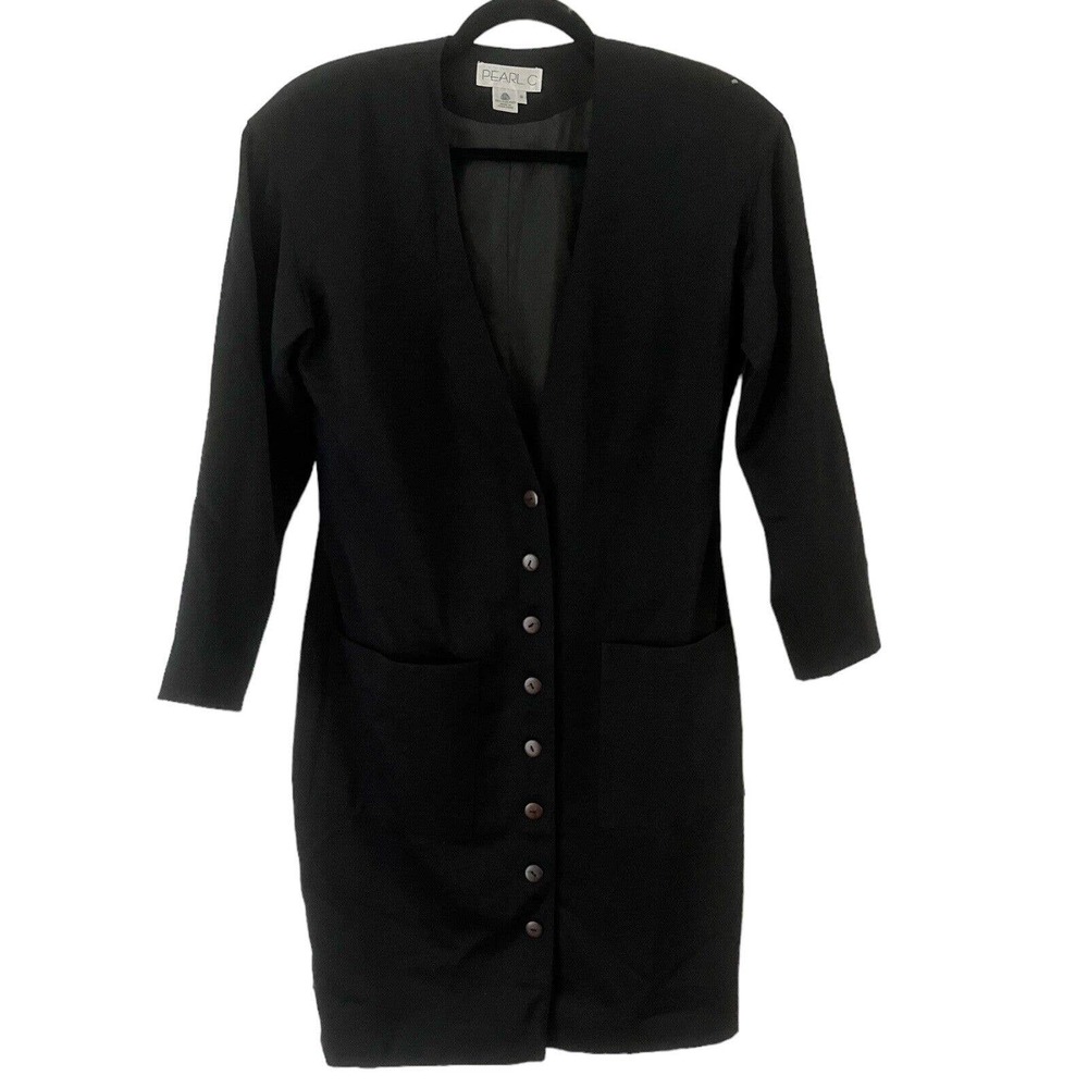 Pearl C Black 100% Pure Wool Long V Neck Button Front Vintage Blazer Jacket Sz 8